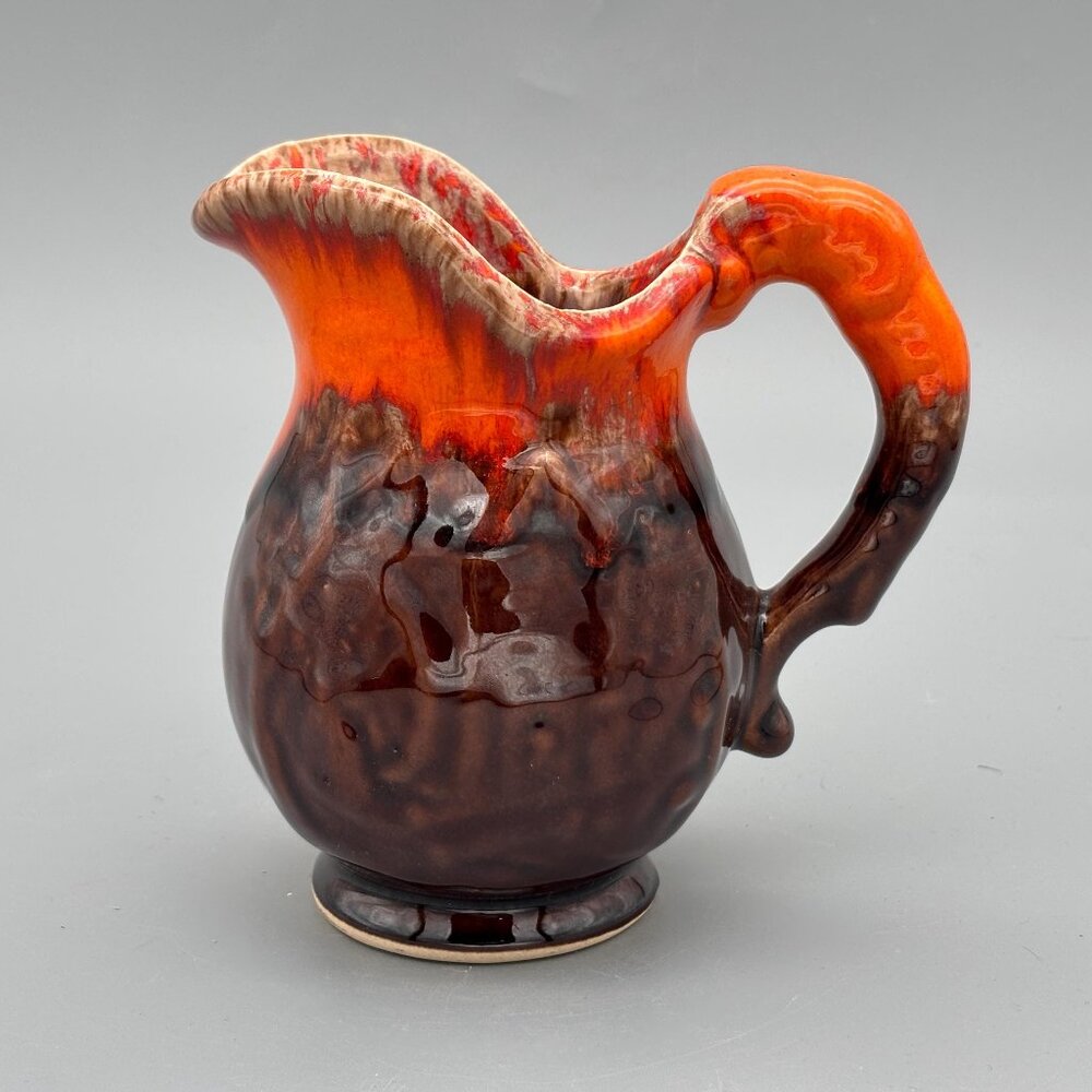 Vintage Studio Pottery Drip Glaze Pitcher With Orange Red Brown Tones Lava